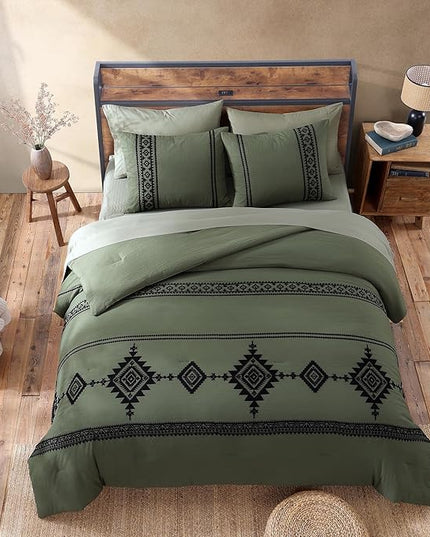 MaiRêve Embroidery Comforter Set, Boho Farmhouse Western Bedding Set, All Season Bed in A Bag Comforter Set with Sheets, Pillowcases & Shams, Olive Green Full 7 Pieces