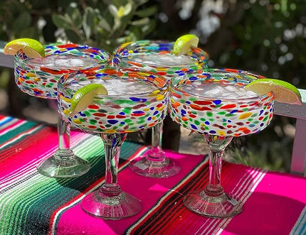 Dos Sueños Mexican Hand Blown Glass – Set of 4 Hand Blown Margarita Glasses Confetti Rock (16 oz) …