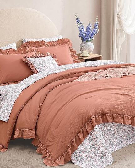 Full Comforter Set - 7 Pieces Ruffle Autumn Leaf Bedding Sets, Shabby Chic Farmhouse Bed in a Bag Full with Ruffle Comforter, Floral Sheets, Pillowcases & Shams