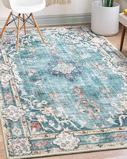 MUJOO Boho Rug 3'x5' Machine Washable Teal Small Area Rugs for Entryway Bedroom Bedside Kitchen Hallway Living Room Laundry Room Indoor Mat Soft Low-Pile Blue Floral Non Slip