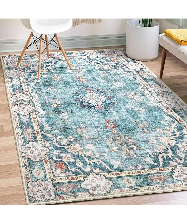 MUJOO Boho Rug 3'x5' Machine Washable Teal Small Area Rugs for Entryway Bedroom Bedside Kitchen Hallway Living Room Laundry Room Indoor Mat Soft Low-Pile Blue Floral Non Slip