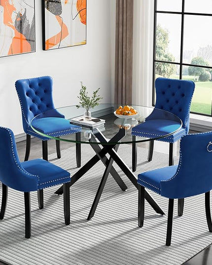 HomVent 5 Piece Round Glass Dining Table Set, Tempered Glass Dinner Table Set for 4 Kitchen Table Set with 4 Velvet Upholstered Chairs for Kitchen Dining Room