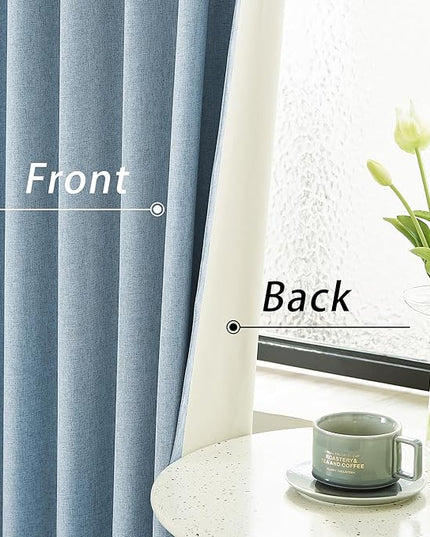 Slate Blue Linen Full Blackout Curtains 108 Inch Length 2 Panels Set for Living Opaque Privacy Back Tab Thermal Insulated 100% Black Out Room Darkening 9ft Window Curtain Drapes 108 Inches Long