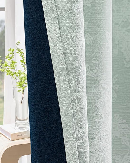 FMFUNCTEX Sage Green Floral Jacquard Blackout Curtains 63 Inch Length for Bedroom, Scroll Flower Chenille Farmhouse Curtain for Living Room Darkening Thermal Insulated Grommet Window Drapes 2 Panels