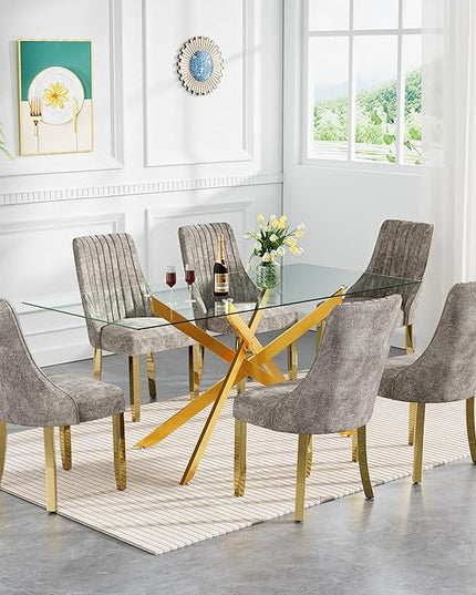 Rectangle Glass Dining Table Set for 6, 60'' Kitchen Table and Chairs Set, 7PCS Modern Dining Room Table Set with 6 Dining Chair for Home