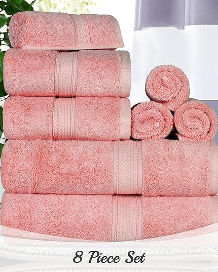 Superior Egyptian Cotton Pile 8 Piece Towel Set, Includes 2 Bath, 2 Hand, 4 Face Towels/Washcloths, Ultra Soft Luxury Towels, Thick Plush Essentials, Guest Bath, Spa, Hotel Bathroom, Tea Rose