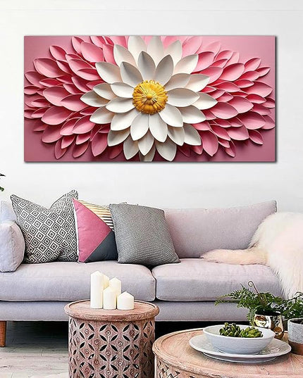 Ouzzlie Large Floral Wall Art Bedroom Pink Canvas Wall Decor Flower Picture Art White Artwork for Living Room Office 29" x 59"