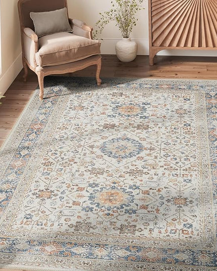 jinchan Area Rug 6x9 Washable Living Room Rug Vintage Distressed Orange Multi Floral Floor Cover Indoor Mat Retro Carpet Bedroom Office Kitchen Farmhouse