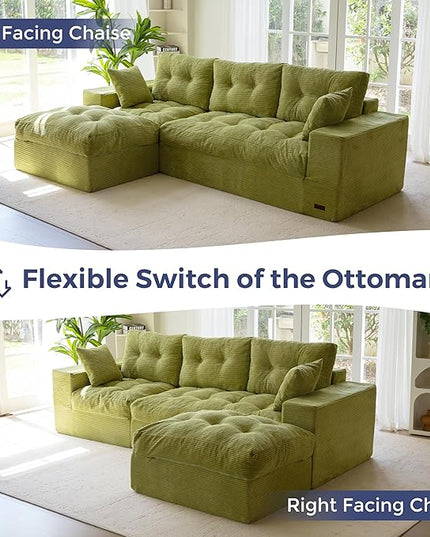 MAXYOYO 104" L Shaped Modular Sectional Sofa with Ottoman, Cloud Boneless Couch with Layered Cushion, Upholstered Sofa in a Box, Flexible Module Combination for Living Room, No Assembly, Green