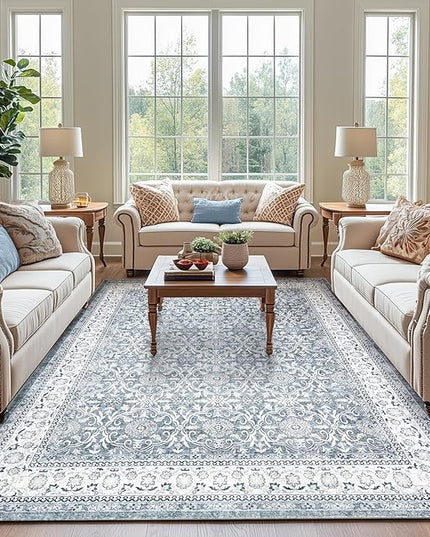 jinchan Floral 8x10 Area Rugs for Living Room - Machine Washable Vintage Distressed Boho Design Throw Rug Stain Resistant Carpet Low-Pile Thin Non-Slip for Bedroom Dining Room Nursery (8‘x10', Grey)