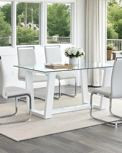 Ebullient Glass Dining Table Set for 4, Modern Dining Table Set for 4, Tempered Glass Tabletop with White MDF Trapezoid Legs, Rectangle Kitchen Table with 4 Faux Leather Chairs for Home, Apartment