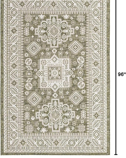 Rugs.com Outdoor Aztec Collection Rug – 5' x 8' Green Flatweave Rug Perfect for Living Rooms, Large Dining Rooms, Open Floorplans