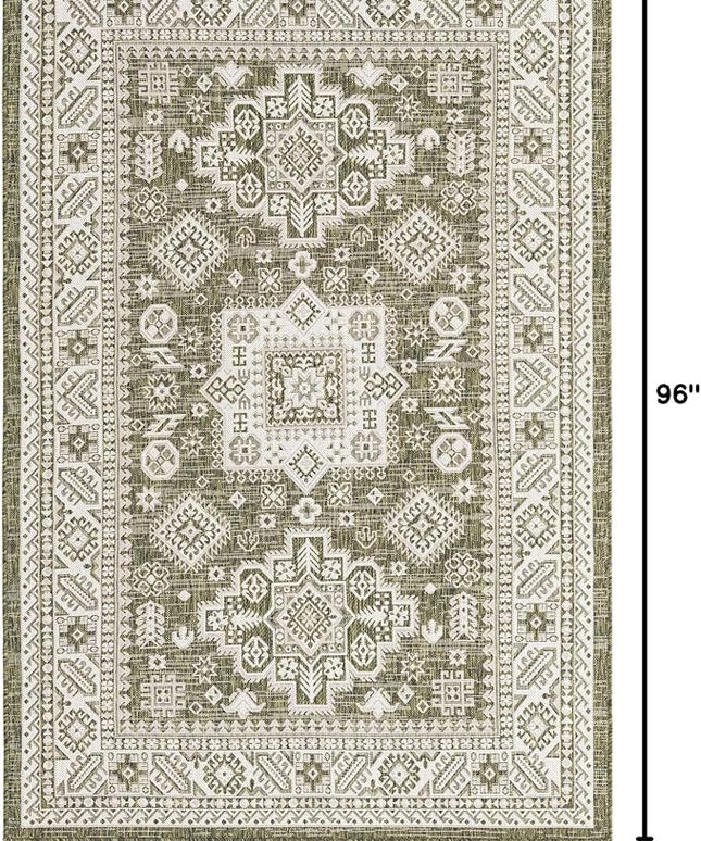 Rugs.com Outdoor Aztec Collection Rug – 5' x 8' Green Flatweave Rug Perfect for Living Rooms, Large Dining Rooms, Open Floorplans