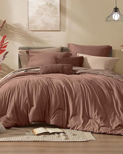 Monbix Queen Comforter Set - 7 Pieces Cationic Dyeing Terracotta Bed in a Bag Queen Bedding Sets with Comforter, Sheets, Pillowcases & Shams, Reversible Bedding Comforters Sets