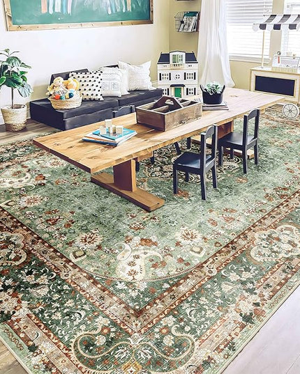 9x12 Area Rugs Washable,Green Rug for Living Room Bedroom Dining Room,Large Boho Vintage Bohemian Distressed Oriental Carpet Non Slip