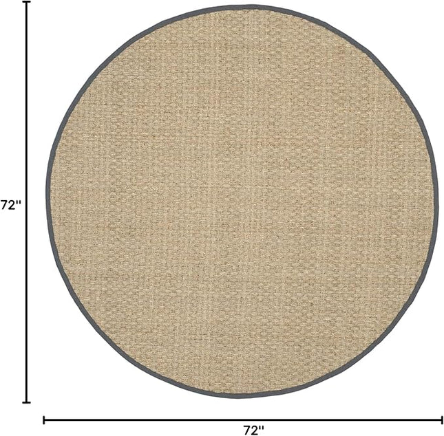 SAFAVIEH Area Rug 6' Round - Natural Fiber Collection - Natural & Dark Grey, Seagrass, Basketweave Pattern with Border (NF114Q)