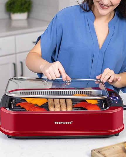 Smokeless Indoor Grill, Techwood 1500W Electric Grill Portable Korean Grill Non-Stick Grill Plates with Temperature Control, Removable Drip Tray, Tempered Glass Lid, Dishwasher-Safe
