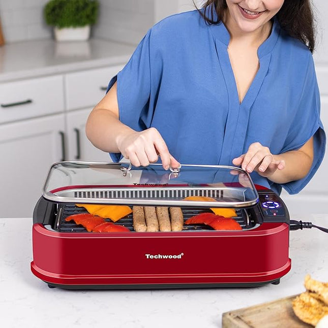Smokeless Indoor Grill, Techwood 1500W Electric Grill Portable Korean Grill Non-Stick Grill Plates with Temperature Control, Removable Drip Tray, Tempered Glass Lid, Dishwasher-Safe