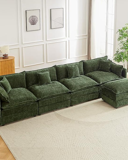Modular Sectional Sofa, 147.2 Inch L Shaped Couch Set with Armrests, 4-Seater Comfy Cloud Couches with Movable Ottoman for Living Room Apartment, Green