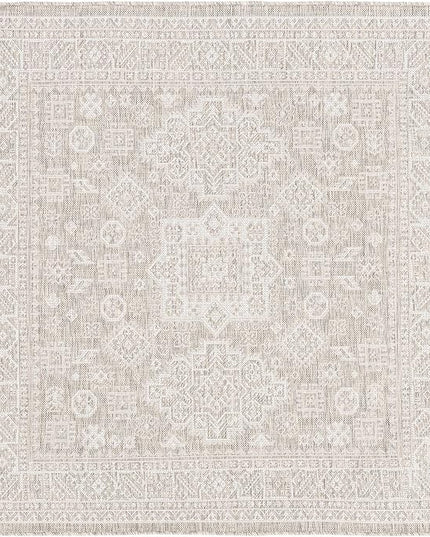 Rugs.com Outdoor Aztec Collection Rug – 5 Ft Square Light Gray Flatweave Rug Perfect for Living Rooms, Kitchens, Entryways