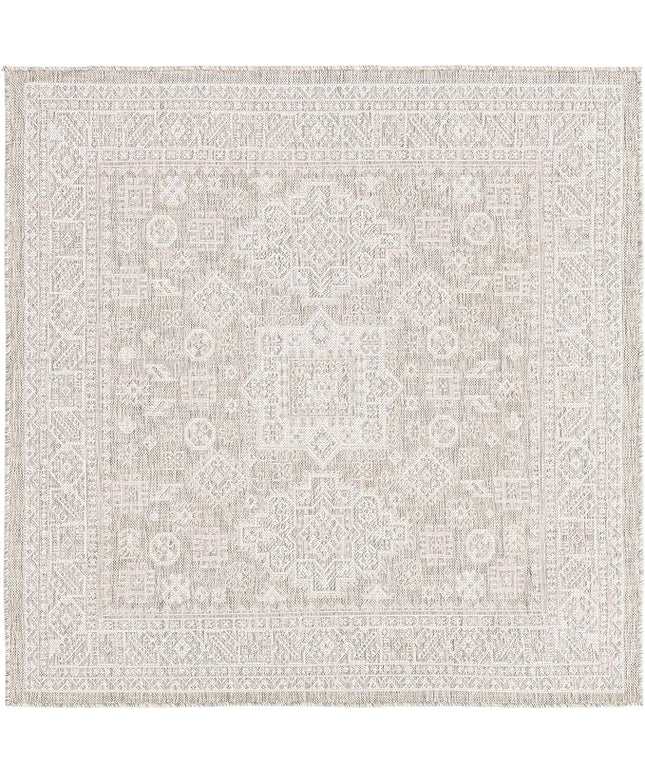 Rugs.com Outdoor Aztec Collection Rug – 5 Ft Square Light Gray Flatweave Rug Perfect for Living Rooms, Kitchens, Entryways