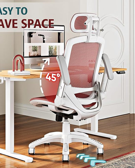 GABRYLLY Ergonomic Office Chair, High Back Home Desk Chair with Headrest, Flip-Up Arms, 90-120° Tilt Lock and Wide Cushion, 400LBS Mesh Chairs for Man Woman, White Task Chair(Red,GY01WR)