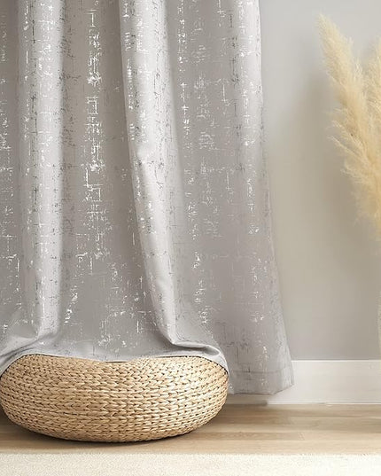 Taisier Home Silver Foil Print Linen Textured Curtains - Geometric Dots Pattern Design for Nursery, Toy Room - Thermal Insulated Window Treatment, 2 Panels, 63" L, Beige and Silver