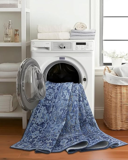 ReaLife Rugs Machine Washable Area Rug - Living Room Bedroom Bathroom Kitchen Entryway Office - Padded Low Pile Stain Resistant Premium - Boho Vintage Traditional - Lyle - Blue 7'6" x 9'6"