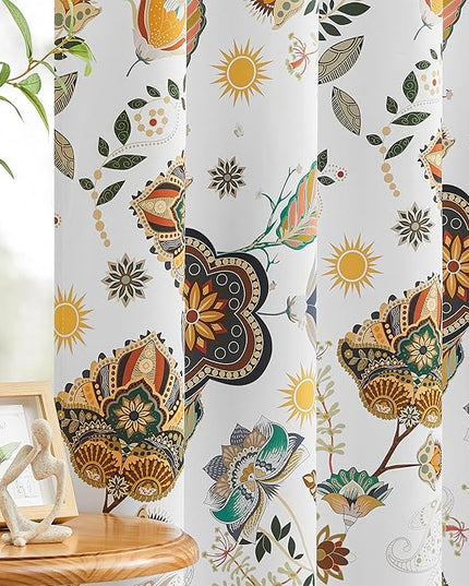XiDi Vintage Floral Patterned Blackout Curtains 102 Inches Long 2 Panels for Bedroom Living Room Thermal Insulated Luxury Colorful Curtains Botanical Leaf Printed Design Grommet Drapes White 52x102
