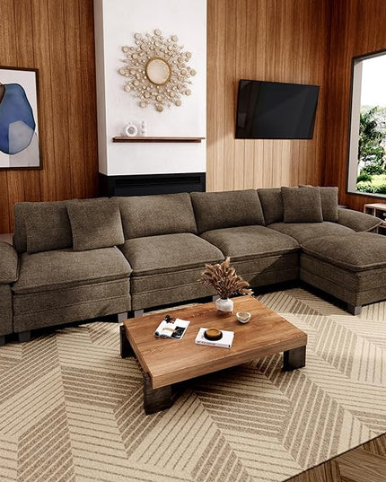 157-Inch L Shaped Sectional Sofa with Cloud Cushions, Deep Seat Modular Couch Set w/ 5 Seats & 1 Ottomans, Removable Arms, Plush Chenille Upholstery for Living Room, Apartment - Taupe