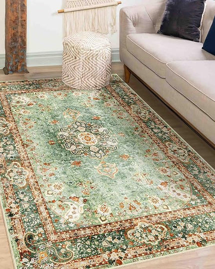 Green Rug 3x5,Washable Area Rugs for Bedroom Living Room Kitchen Entryway,Small Boho Vintage Bohemian Distressed Oriental Non Slip Carpet
