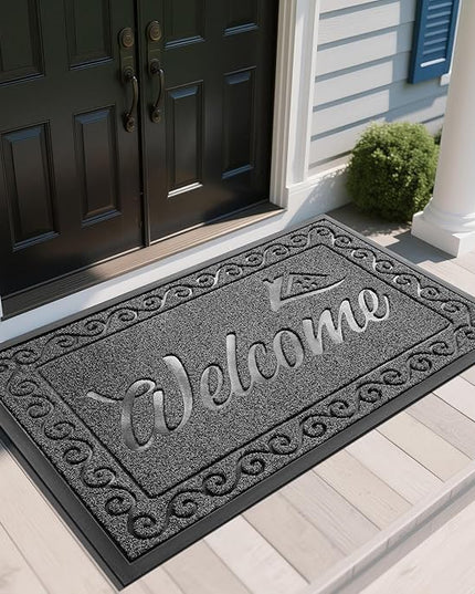 Yimobra Welcome Mat, Heavy Duty Sturdy Door Mats for Home Entrance Outdoor Indoor, Front Doormat for Outside Patio Floor Entry Porch Garage Office, Waterproof, Low Profile, 60 x 36, Black Grey