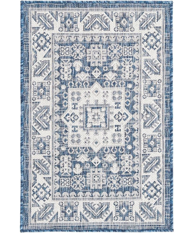 Rugs.com Outdoor Aztec Collection Rug – 2' x 3' Blue Flatweave Rug Perfect for Living Rooms, Large Dining Rooms, Open Floorplans
