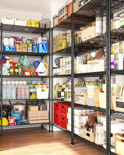 REIBII 5 Tier Storage Shelves Adjustable Wire Rack Shelving, Kitchen Shelves 13.4" D x 23.2" W x 60" H Strong Metal Shelves for Restaurant Garage Pantry，Black