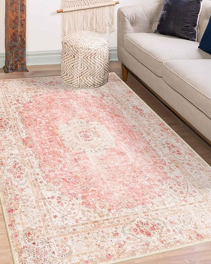 Pink Rug 3x5,Washable Area Rugs for Bedroom Living Room Kitchen Entryway,Small Boho Vintage Bohemian Distressed Non Slip Carpet,Blush