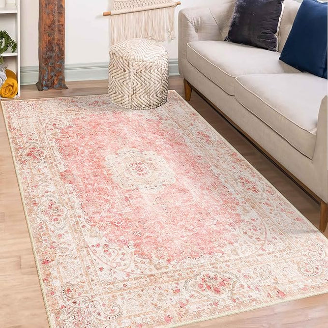 Pink Rug 3x5,Washable Area Rugs for Bedroom Living Room Kitchen Entryway,Small Boho Vintage Bohemian Distressed Non Slip Carpet,Blush