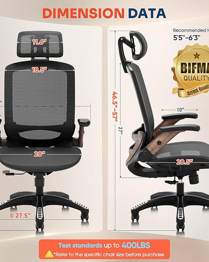 GABRYLLY Ergonomic Office Chair, High Back Home Desk Chair with Headrest, Flip-Up Arms, 90-120° Tilt Lock and Wide Cushion, Big and Tall Mesh Chairs for Man Woman, Black Task Chair(Dark Woodgrain)