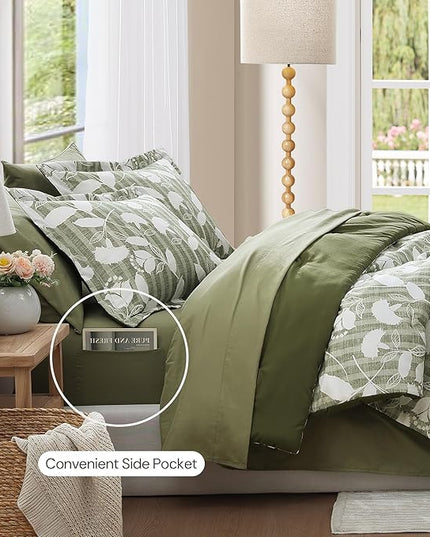 Full Comforter Set -7 Pieces Botanical Olive Green Comforter Set for All Seasons, Bed in a Bag Full with Flowers Floral Comforter, Sheets, Pillowcases & Shams