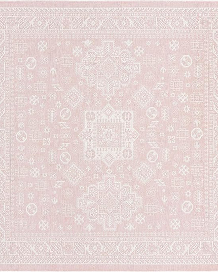 Rugs.com Outdoor Aztec Collection Rug – 8 Ft Square Pink Flatweave Rug Perfect for Living Rooms, Kitchens, Entryways
