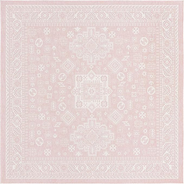 Rugs.com Outdoor Aztec Collection Rug – 8 Ft Square Pink Flatweave Rug Perfect for Living Rooms, Kitchens, Entryways