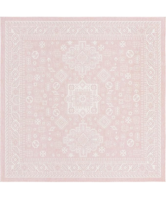 Rugs.com Outdoor Aztec Collection Rug – 8 Ft Square Pink Flatweave Rug Perfect for Living Rooms, Kitchens, Entryways