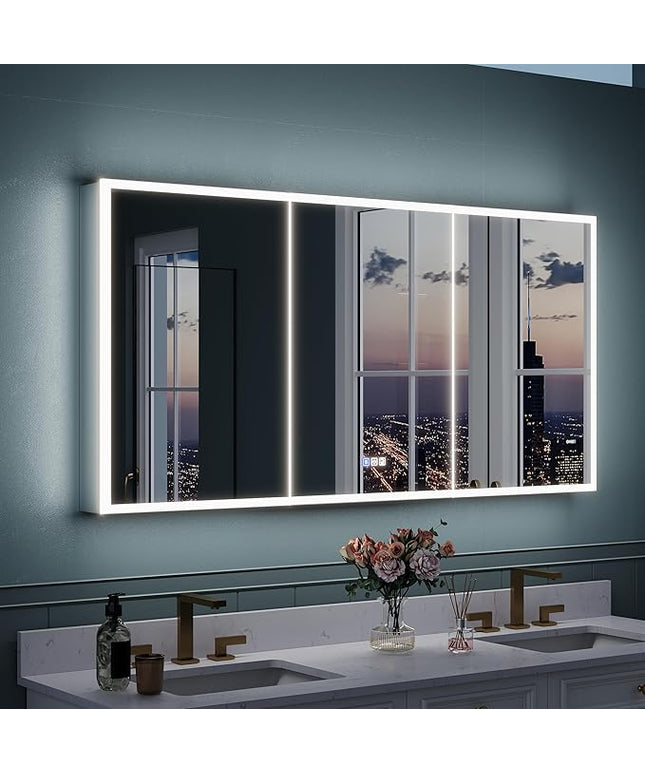 WELLFOR 60" X 30" LED Mirrored Bathroom Cabinet with 3X Magnification Makeup Mirror, Medicine Cabinet with Defog Mirror, Dimmer, Outlets & USB Ports, Bathroom Mirrored Cabinet with Three Opening Doors