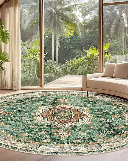 Large Green Round Rug 9ft, Boho Circle Area Rugs for Bedroom Living Room,Washable Vintage Bohemian Distressed Oriental Floral Carpet Non Slip,Retro Sage Floral