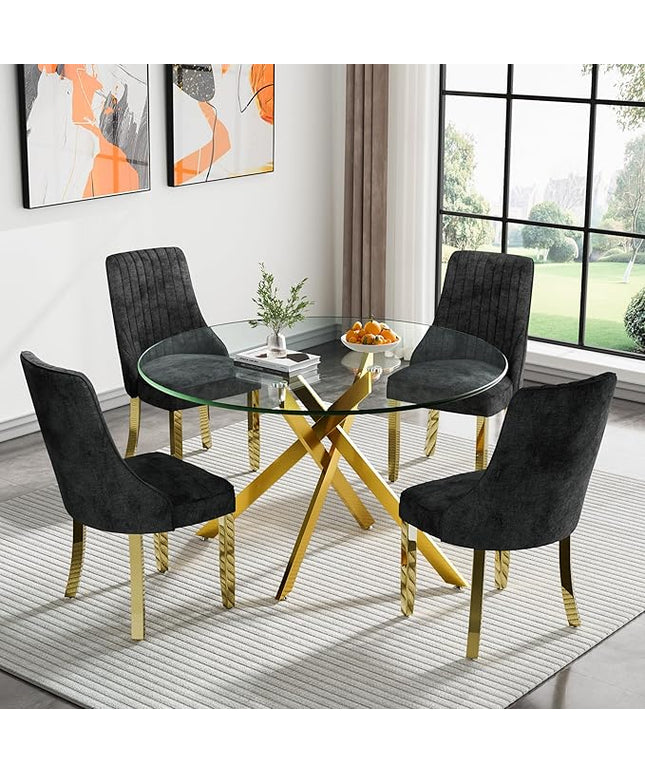 Round Glass Dining Table Set for 4, 47'' Clear Circular Kitchen Table and Chairs Set, 5PCS Modern Circle Dining Room Table Set with 4 Dining Chair for Home