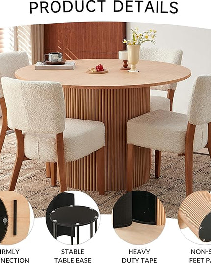 47 Inch Round Dining Table Set for 4, Modern Mid Century Circle Kitchen Dinner Wood Table with 4 Upholstered Stackable Dining Room Chairs for Living Room Apartment, Oak & White