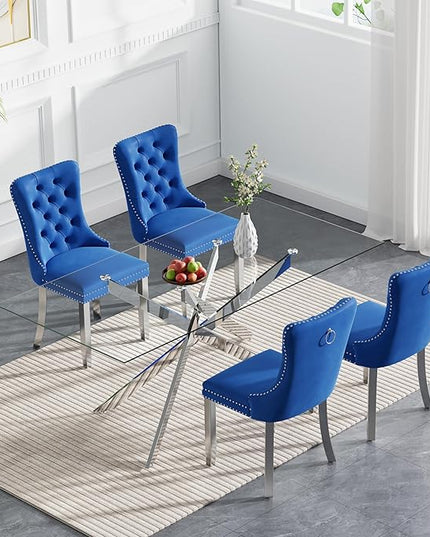 Rectangle Glass Dining Table Set for 4, 60'' Kitchen Table and Chairs Set, 5PCS Modern Dining Room Table Set with 4 Velvet Dining Chair for Home