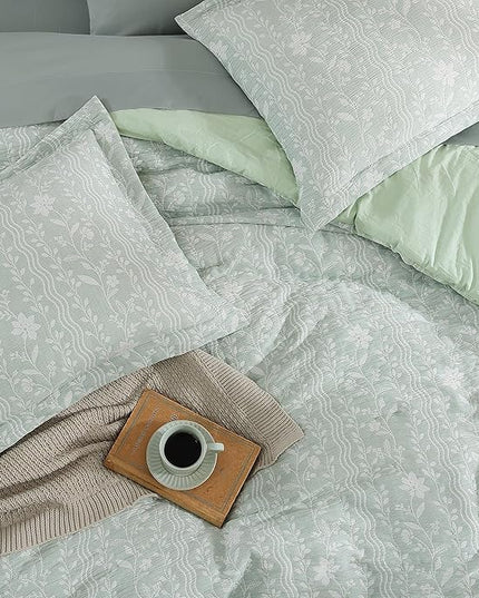 Full Comforter Set -7 Pieces Green Floral Comforter Set for All Seasons, Bed in a Bag Full with Botanical Flowers Comforter, Sheets, Pillowcases & Shams