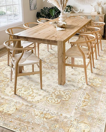 Beige Rug 6'x9' Area Rugs,Boho Washable Rug for Living Room Bedroom Dining Room,Large Vintage Bohemian Distressed Oriental Carpet Non Slip,Retro Gold Floral