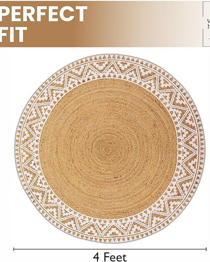 voyzz home Premium Natural Jute Braided Area Rug, 4-feet Round, White Printed Border, Stain Resistance, Natural Handmade Rug for Entryways, Living Room, Dining Room, Bedroom, Farmhouse, Kitchen