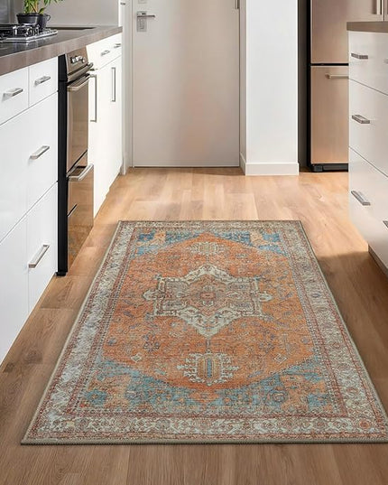 GLN Rugs Traditional Collection - Machine Washable Area Rug, Traditional Washable, Non Slip, Low Pile Chenille Rug, Living Room, Bedroom, Kitchen Rug (2'6"x7' Burnt Orange)